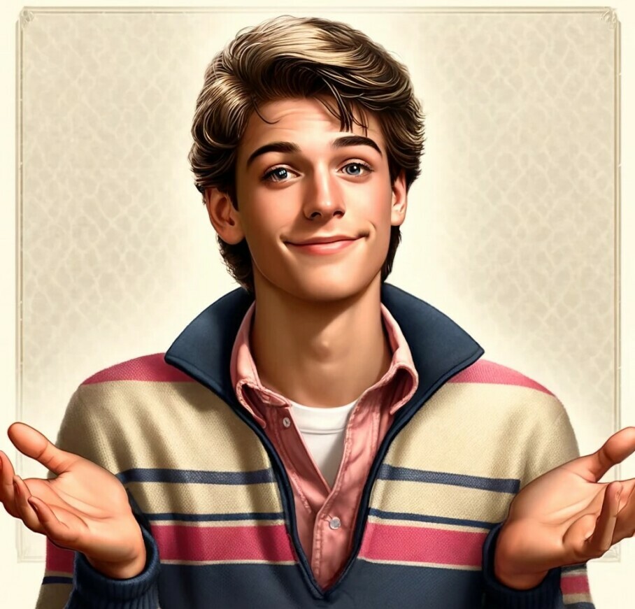 a typical 80s teen, shrugging his shoulders, palms upturned a typical 80s teen, shrugging his shoulders, palms upturned