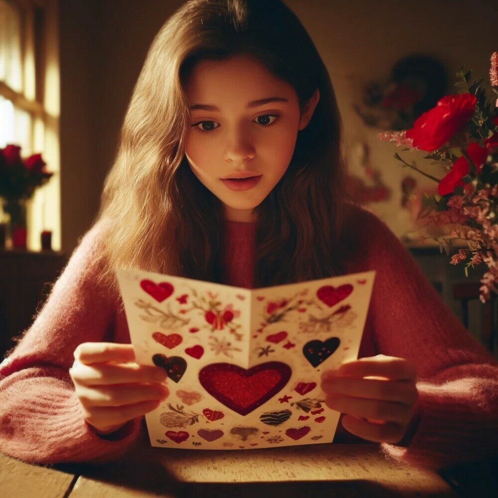 Serena opens her Valentine's card, whilst wondering, Who is it from?