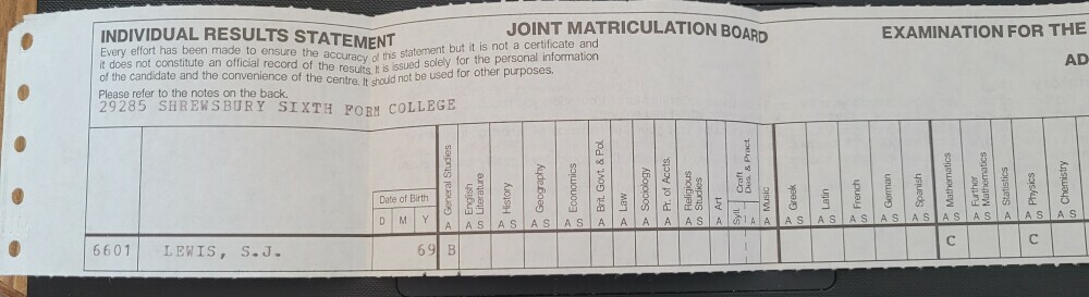 Joint Matriculation Examining Board A Levels Results Slip for General Studies, Maths and Physics