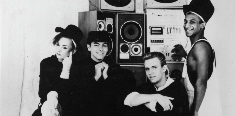 Black and white image of Culture Club from 1983 Black and white image of Culture Club from 1983