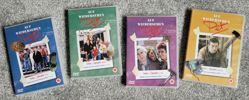 The DVDs of first series of Auf Wiedersehen, Pet. Shown on ITV November 1983 to February 1984. The DVDs of first series of Auf Wiedersehen, Pet. Shown on ITV November 1983 to February 1984.